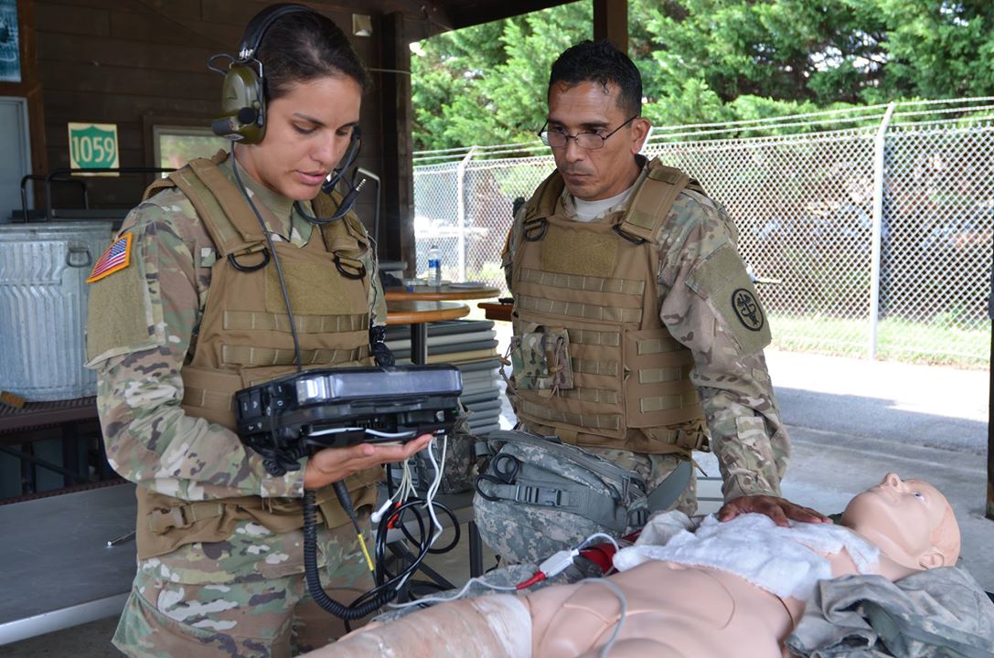 Field medics use telemedicine technology capabilities to connect to the doctor for specialized assistance with an escharotomy at TATRC, Fort Detrick, Sept. 7. Photo by Lori DeBernardis, TATRC Public Affairs.
