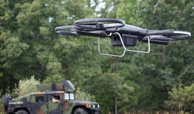In the battlespace of the future, the Army will be denied the use of static safe havens, including forward operating bases and logistics hubs. A possible solution for resupplying Soldiers on-the-move is the joint tactical aerial resupply vehicle (JTARV), shown here in an exercise of the 3rd U.S. Infantry Regiment (“The Old Guard”) in September at Fort A.P. Hill, Virginia. (U.S. Army photo by Pfc. Gabriel Silva, 3rd U.S. Infantry Regiment “The Old Guard”)