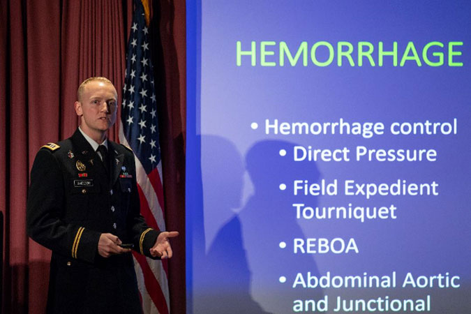 An Evaluation of Novel Medical Devices and Other Interventions in the Treatment of Tension Pneumothorax in a Swine Model (Sus scrofa), presented by CPT Rowan Sheldon, Associate Investigator. ** Top presentation: Preclinical session