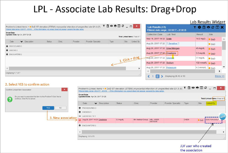 A sample screenshot of the Linked Problem List lab results page.