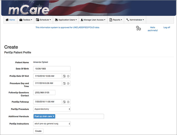 Screenshot of profile/appointment information for patients’ future surgical visits
