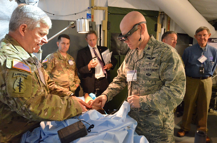 Col. Junker, Air Force Surgeon Generals Office participates in a surgical telestration demo in the Medical Modeling, Simulation, and Visualization Environment (MMSVE).