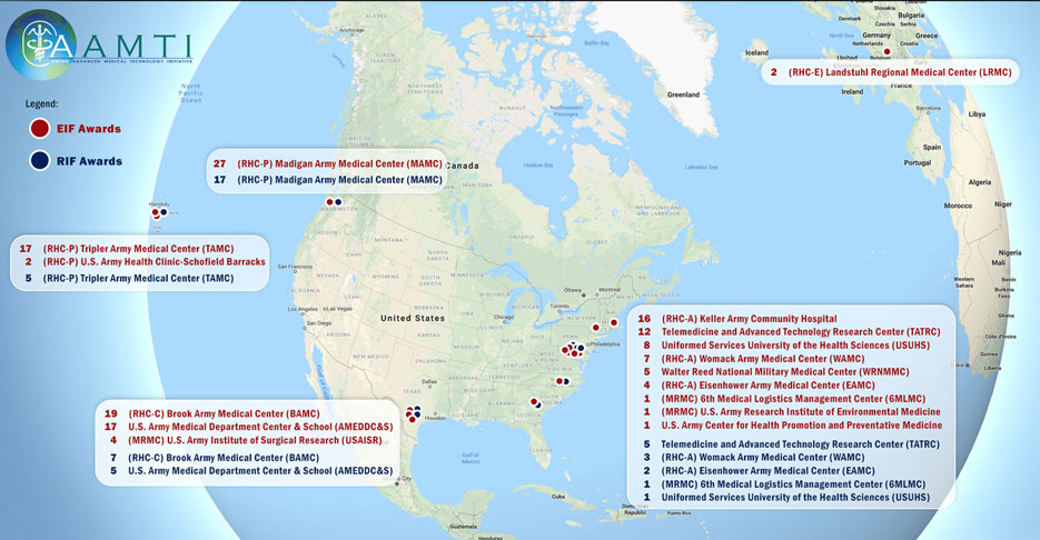 This image shows the location and number of projects the AAMTI program has funded through the Extended Innovation Fund (EIF) in the last five years.