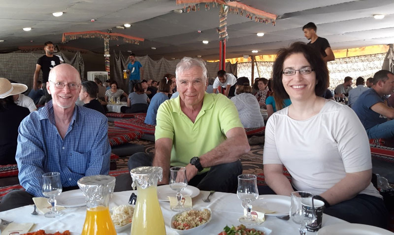 The SHORESH Team enjoys a meal. From left: Dr. Jaques Reifman (BHSAI), Dr. Gary Gilbert (MISL), and then-Director COL Gina Adam.