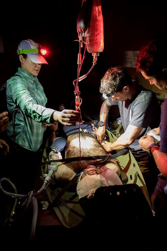 A simulated patient receives a blood transfusion by a Green Beret assigned to 4th Battalion/3rd Special Forces Group (Airborne) during the Mountain Path prolonged field care training exercise July 18, 2019, in Greenville, N.C. This prolonged field care training required Green Berets to treat a simulated casualty for over 15 hours in different environments. (U.S. Army photo by Sgt. Steven Lewis)