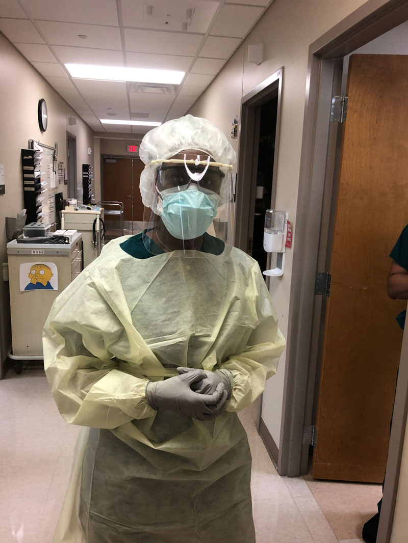 A healthcare provider at WRNMMC sporting one of the 3D printed face shields engineered in part by TATRC’s dedicated team of volunteers!