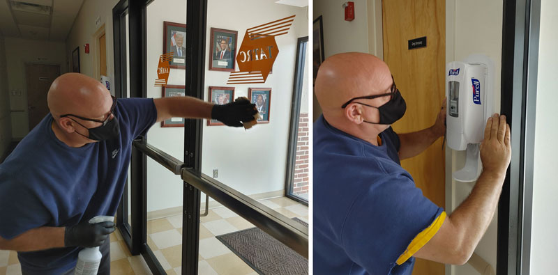 ‘You missed a spot!’ Despite the extra hours and protocol changes, spirits remain high around the office!