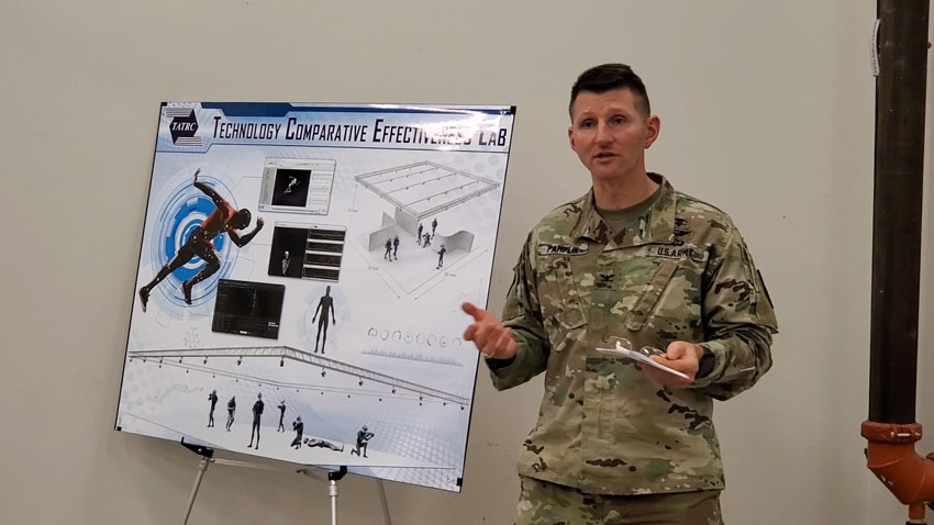 COL Pamplin addresses the Team in the new Technology Comparative Effectiveness Lab during the organization Town Hall this past December.