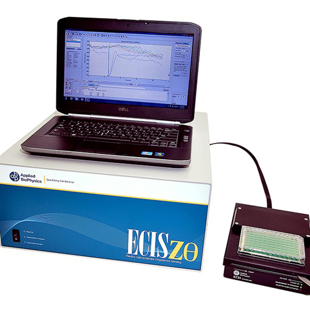 Figure 1: The Electric Cell-substrate Impedance Sensing (ECIS) system is comprised of an array station that holds a 96-well test plate. The ECIS software allows for real-time tracking of electrical resistance detected in the test plate. (Image: Applied BioPhysics, Inc. (Troy, NY), www.biophysics.com)