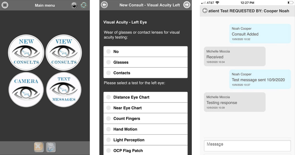 Left: This is an image of the home screen. Center: Visual Acuity Testing. Right: Sample Secure message interaction between a specialist and a provider at the point of injury or in this case the Emergency Department.