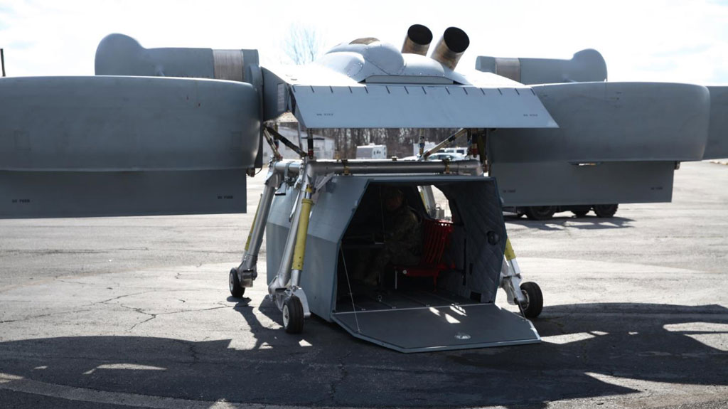 Here, the M4 is attached to the ARES craft. While we only have the M4 at TATRC, this helps visualize how it fits together into the larger aircraft in planned future applications.