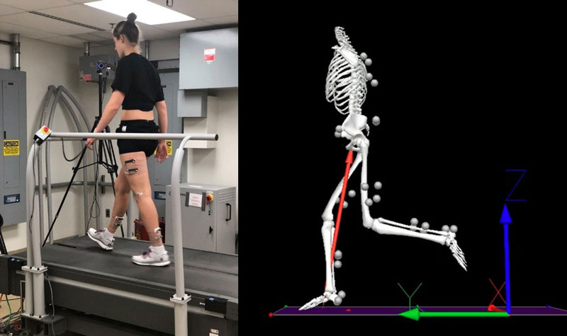 Figure 1: A military Service Member completing a three-dimensional biomechanics evaluation to assess lower extremity asymmetries following Anterior Cruciate Ligament reconstruction (A), and an example of the resulting three-dimensional model (B).