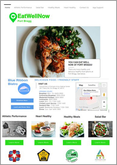 Figure 2. Sample of “goeatwellnow.com”. Includes information about the Blue Ribbon Bistro and how to eat for ‘Athletic Performance’, ‘Heart Healthy’, ‘Healthy Meals’, and ‘Salad Bar’. 
