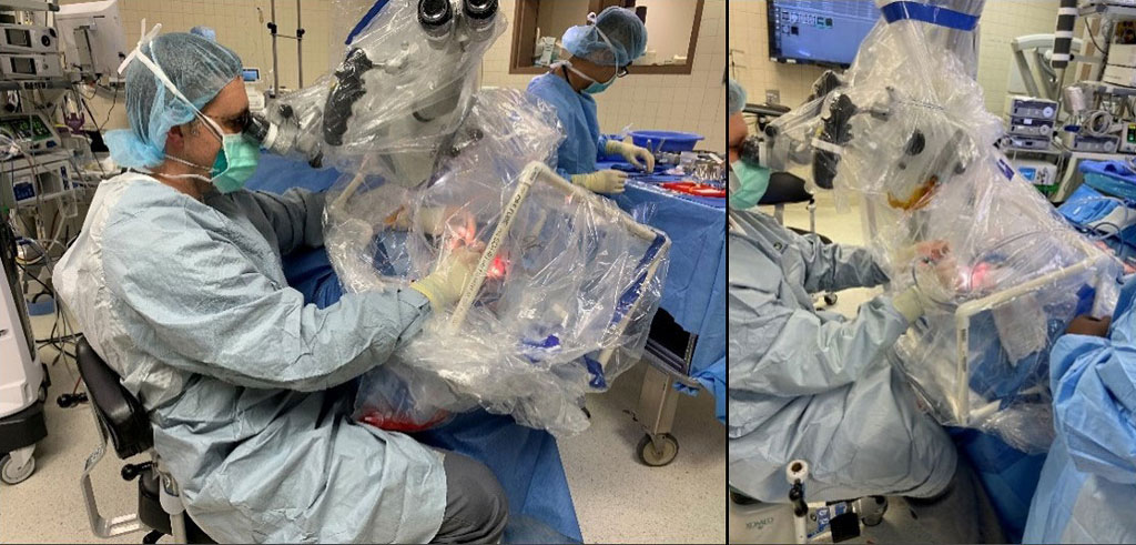 Figure 4. Design iteration demonstrating successful use of the CAMIC during otologic (cholesteatoma) surgery (Left) and lateral skull base (middle cranial fossa with repair of cerebrospinal fluid leak) surgery (Right). This device was attached to the operating microscope to facilitate the surgery. Pictured LTC Douglas Ruhl; Photos Courtesy of CPT Scott Walton.