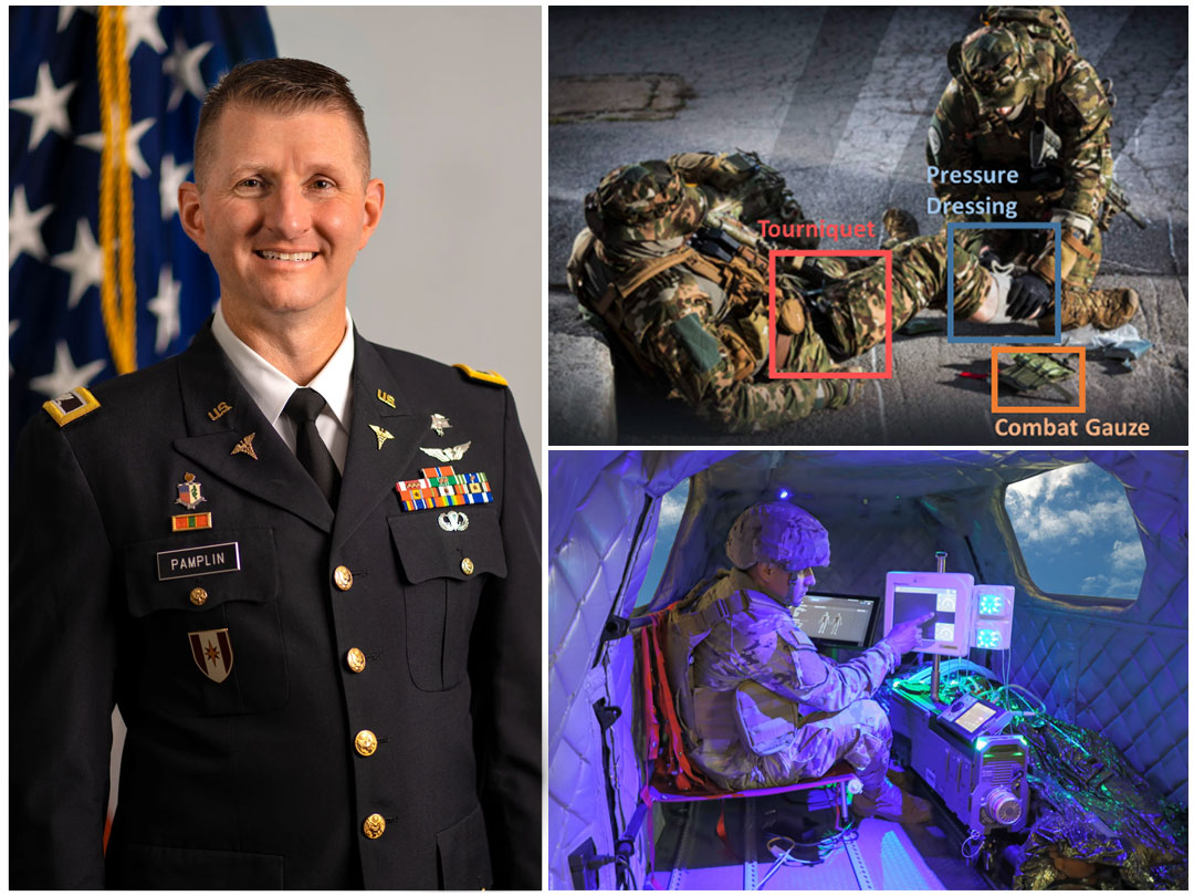 A Photo collage of TATRC's Commander, Medic, Casualty and technologies used